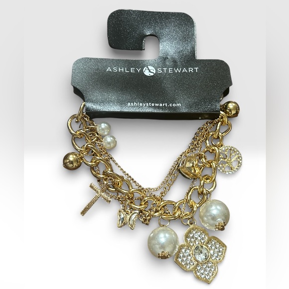 Ashley Stewart Jewelry - NWT Gold tone Multi-Strand Charm Bracelet - Pearls & Tree of Life Ashley Stewart